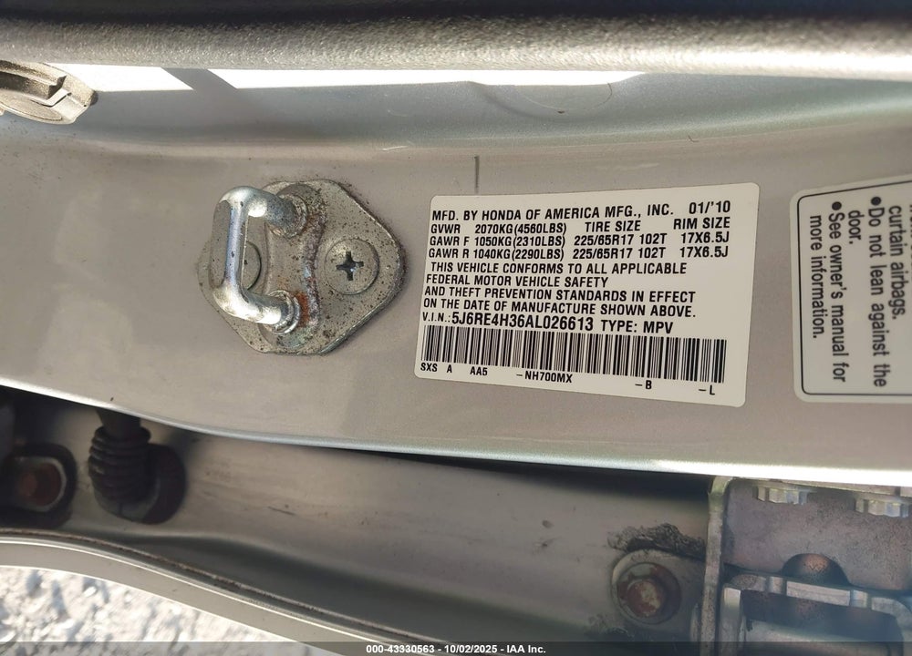 2010 HONDA CR-V VIN: 5J6RE4H36AL026613