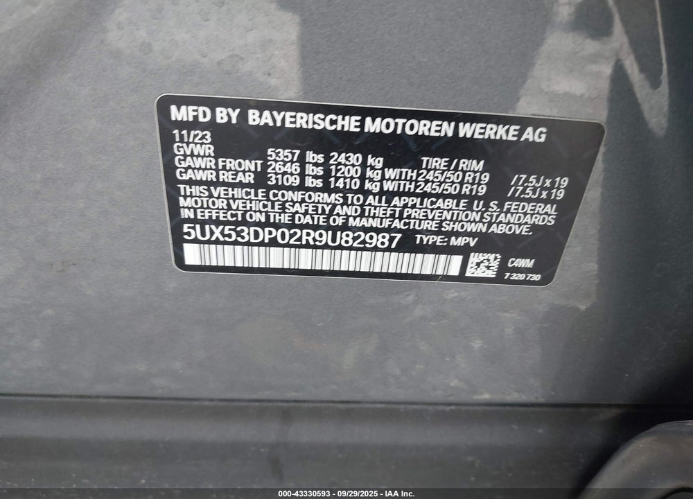 2024 BMW X3 XDRIVE30I VIN: 5UX53DP02R9U82987