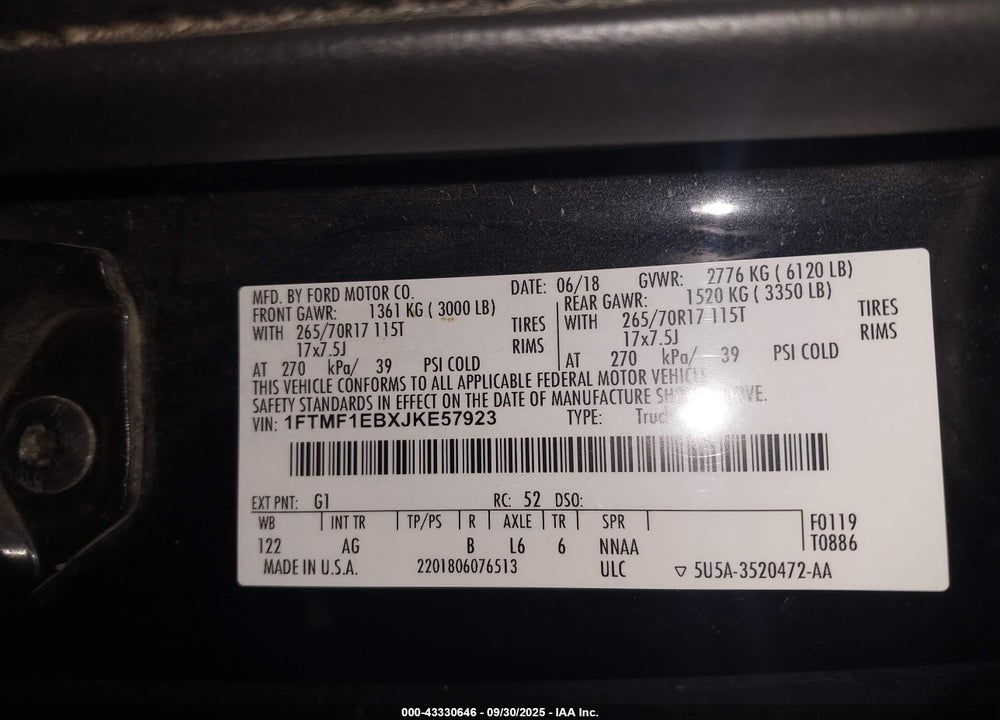 2018 FORD F-150 VIN: 1FTMF1EBXJKE57923