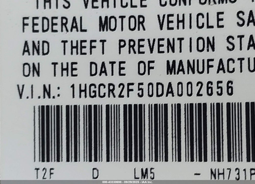 2013 HONDA ACCORD VIN: 1HGCR2F50DA002656