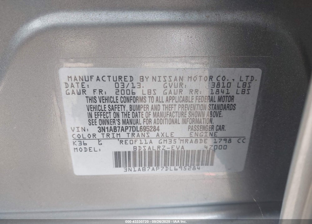 2013 NISSAN SENTRA VIN: 3N1AB7AP7DL695284