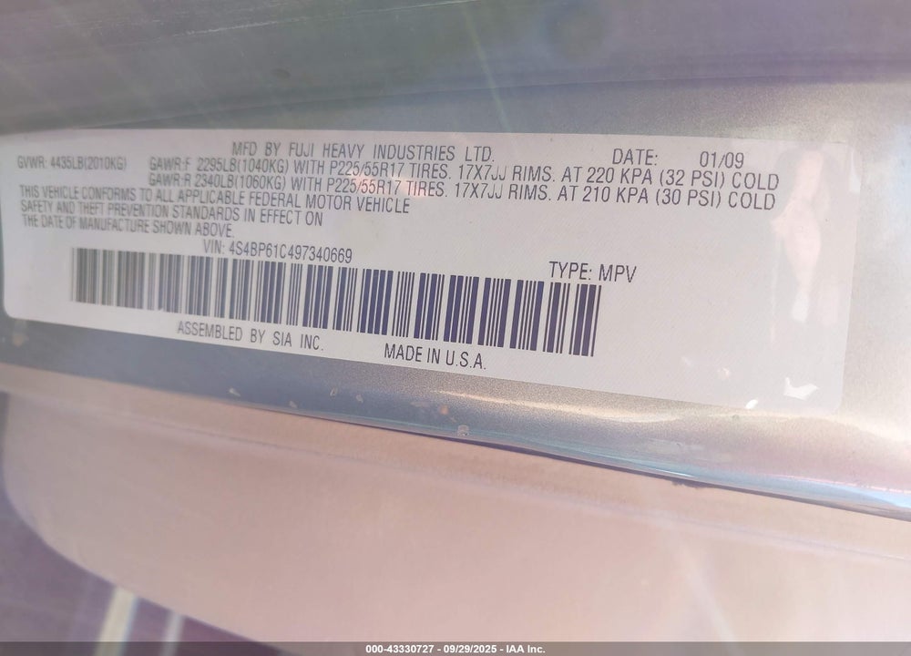 2009 SUBARU OUTBACK VIN: 4S4BP61C497340669