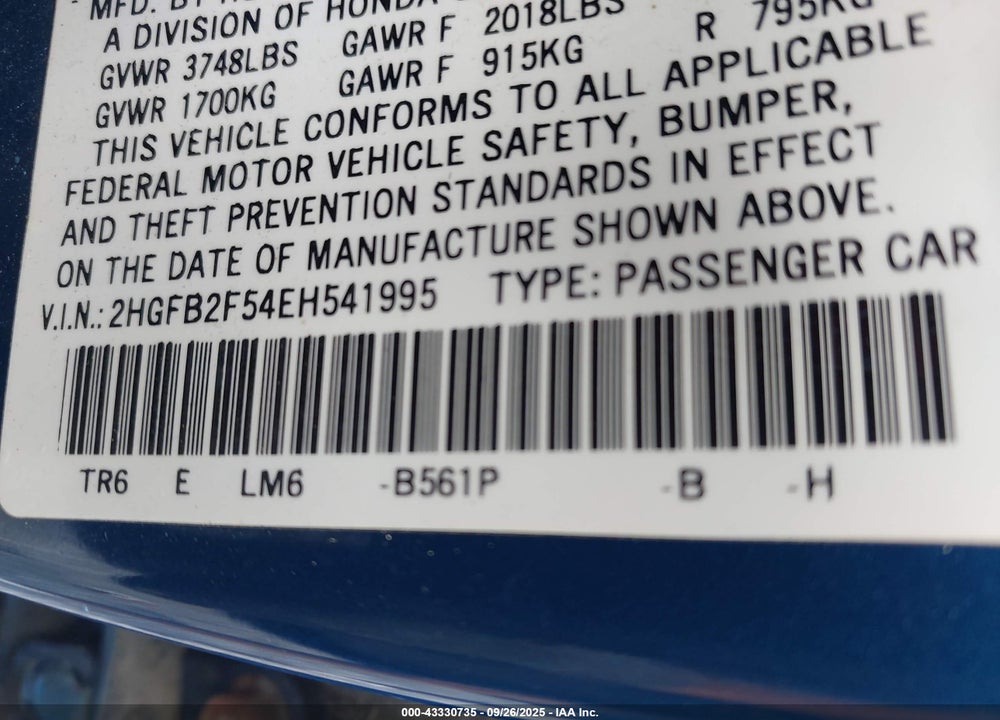 2014 HONDA CIVIC VIN: 2HGFB2F54EH541995