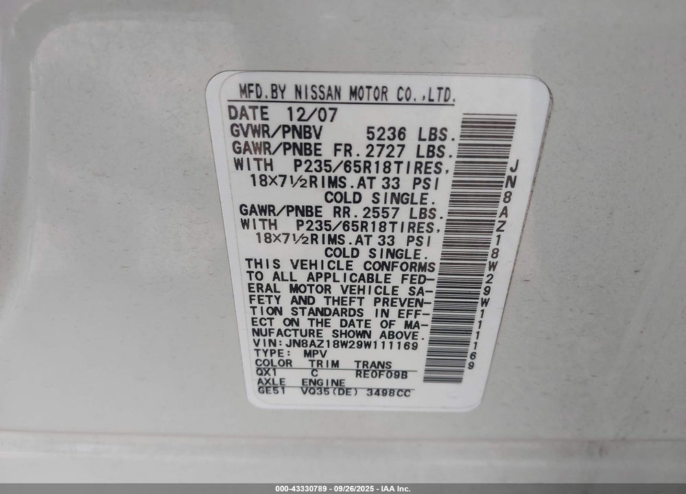 2009 NISSAN MURANO SL VIN: JN8AZ18W29W111169