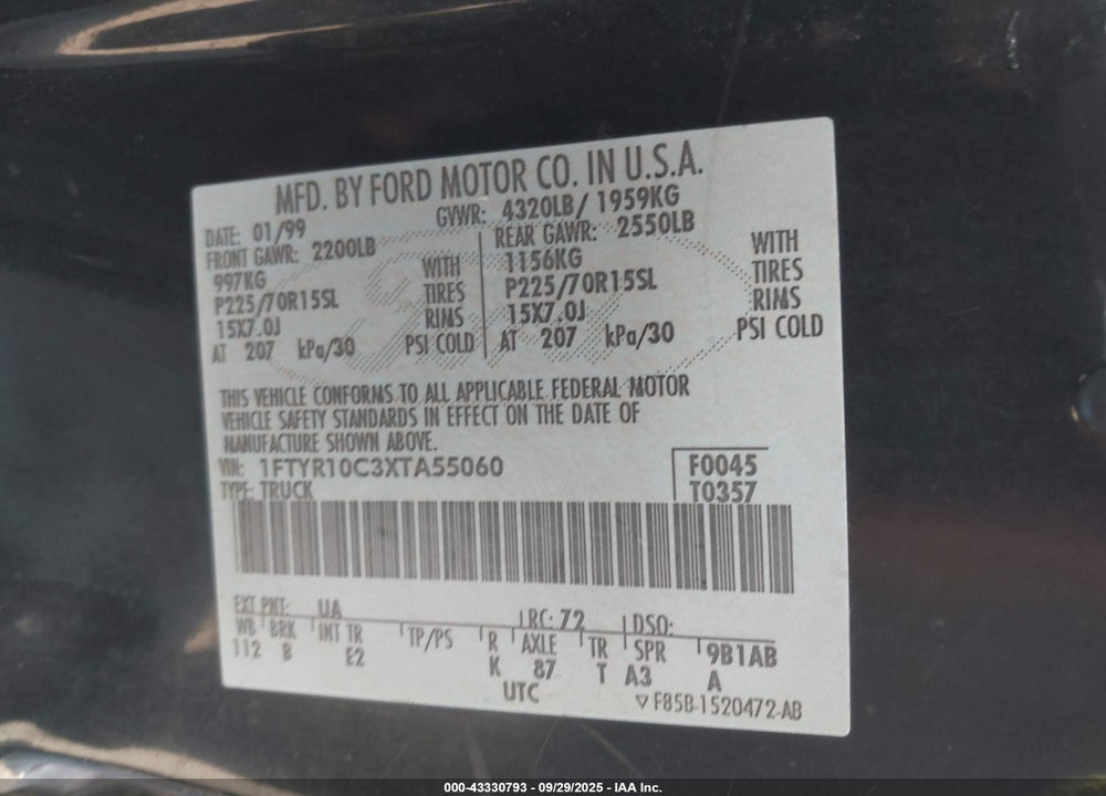 1999 FORD RANGER XL/XLT VIN: 1FTYR10C3XTA55060
