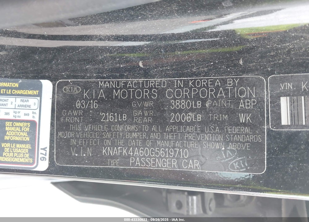 2016 KIA FORTE VIN: KNAFK4A60G5619710