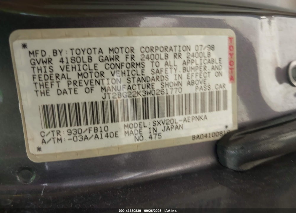 1998 TOYOTA CAMRY LE VIN: JT2BG22K3W0261770