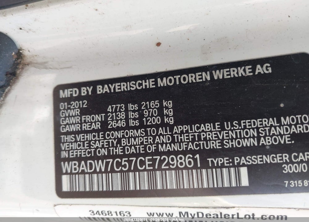 2012 BMW 3 SERIES VIN: WBADW7C57CE729861