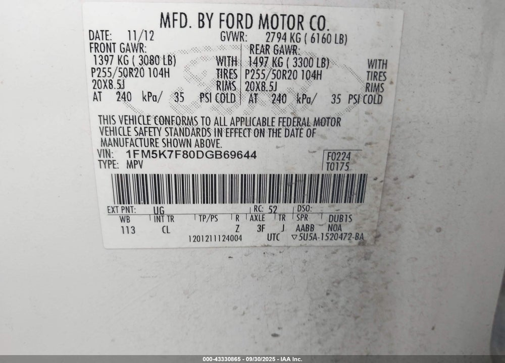 2013 FORD EXPLORER VIN: 1FM5K7F80DGB69644