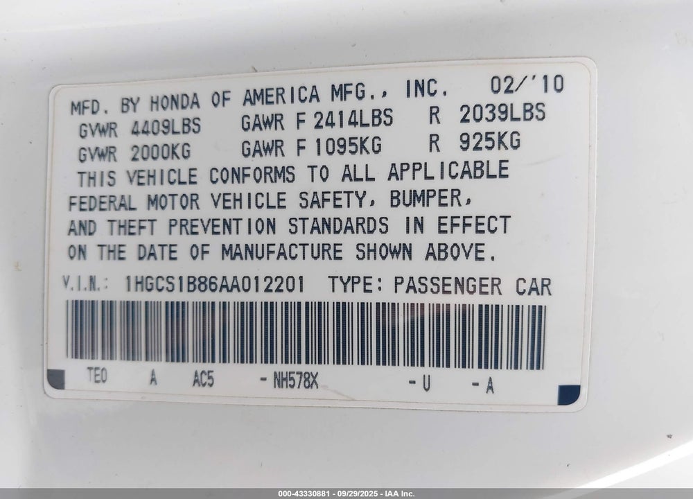 2010 HONDA ACCORD VIN: 1HGCS1B86AA012201