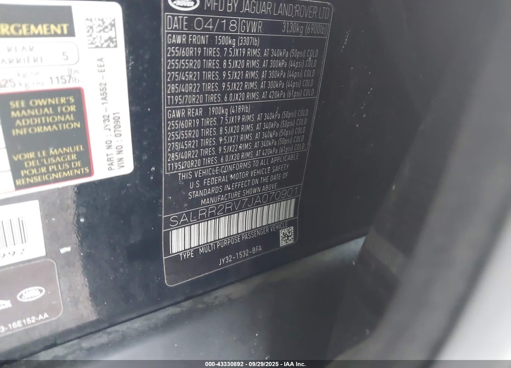 2018 LAND ROVER DISCOVERY VIN: SALRR2RV7JA070901