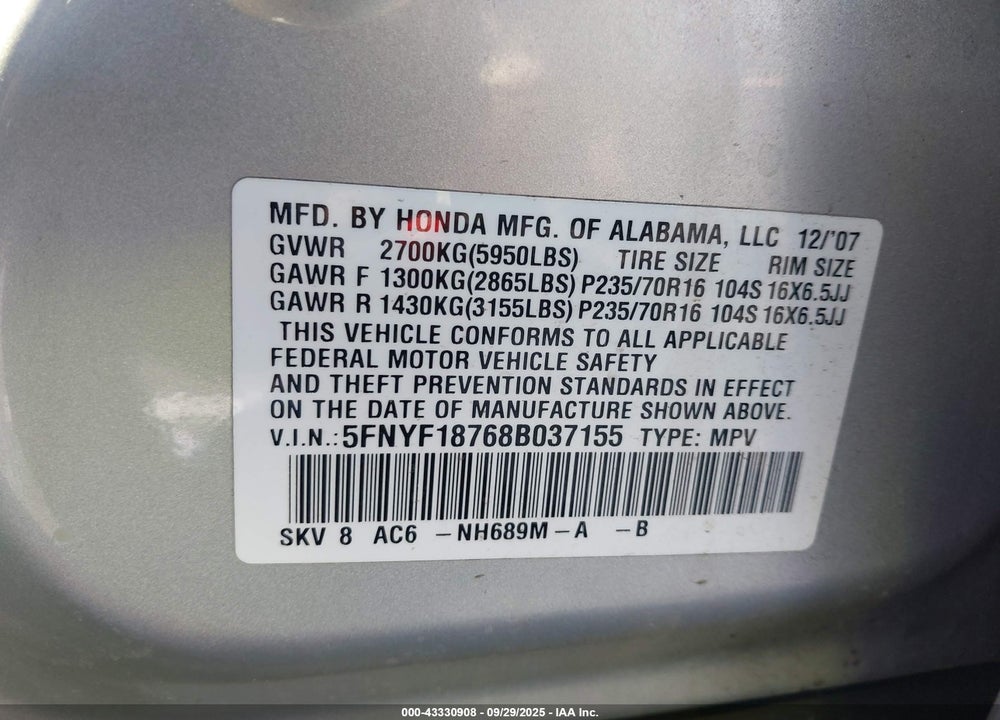 2008 HONDA PILOT EX-L VIN: 5FNYF18768B037155