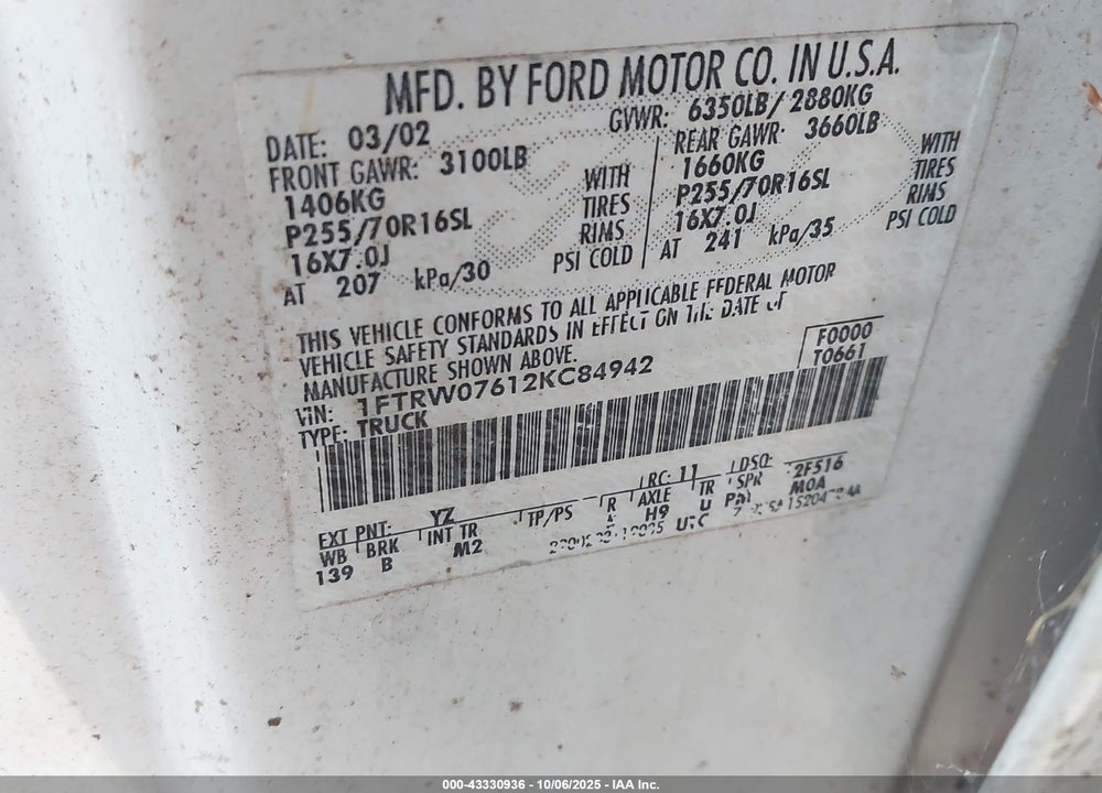 2002 FORD F-150 LARIAT/XLT VIN: 1FTRW07612KC84942