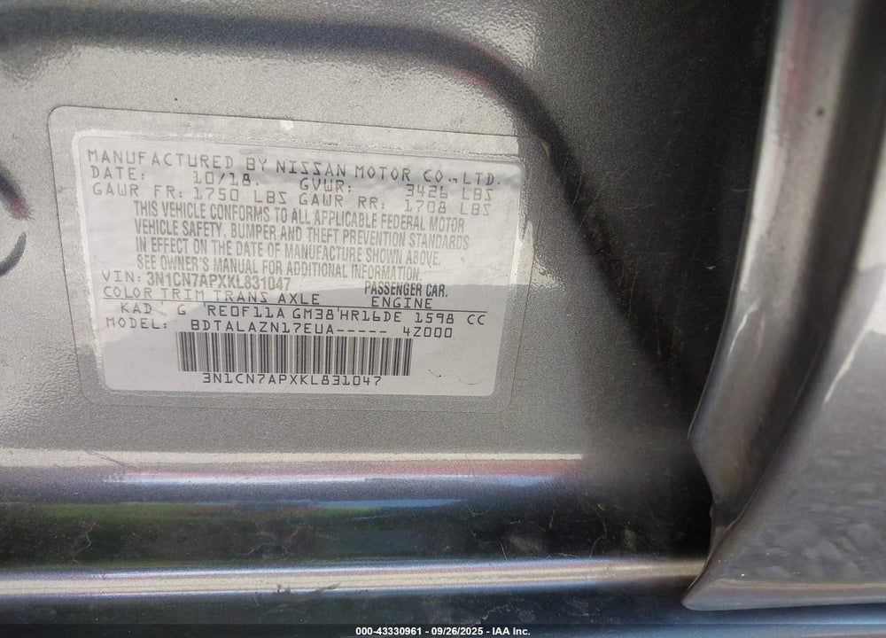 2019 NISSAN VERSA VIN: 3N1CN7APXKL831047