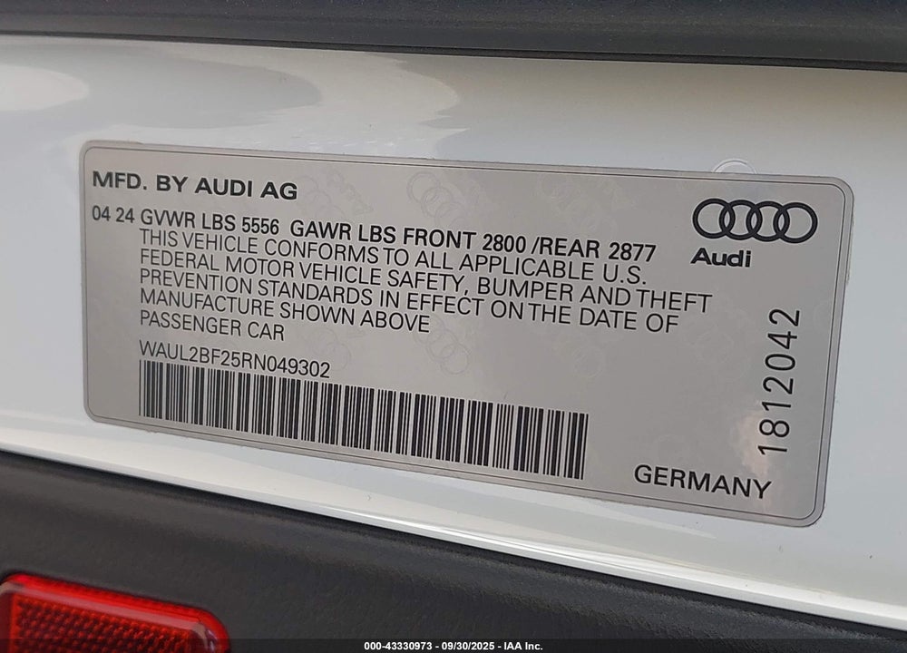 2024 AUDI A6 VIN: WAUL2BF25RN049302