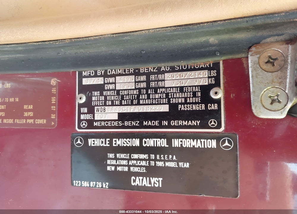 1985 MERCEDES-BENZ 380 SL VIN: WDBBA45C1FA018220