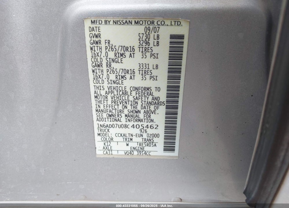 2008 NISSAN FRONTIER VIN: 1N6AD07U08C405462