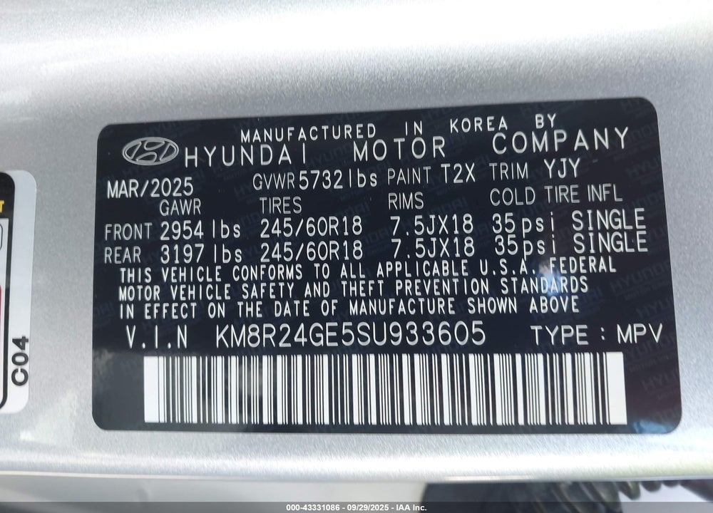 2025 HYUNDAI PALISADE VIN: KM8R24GE5SU933605