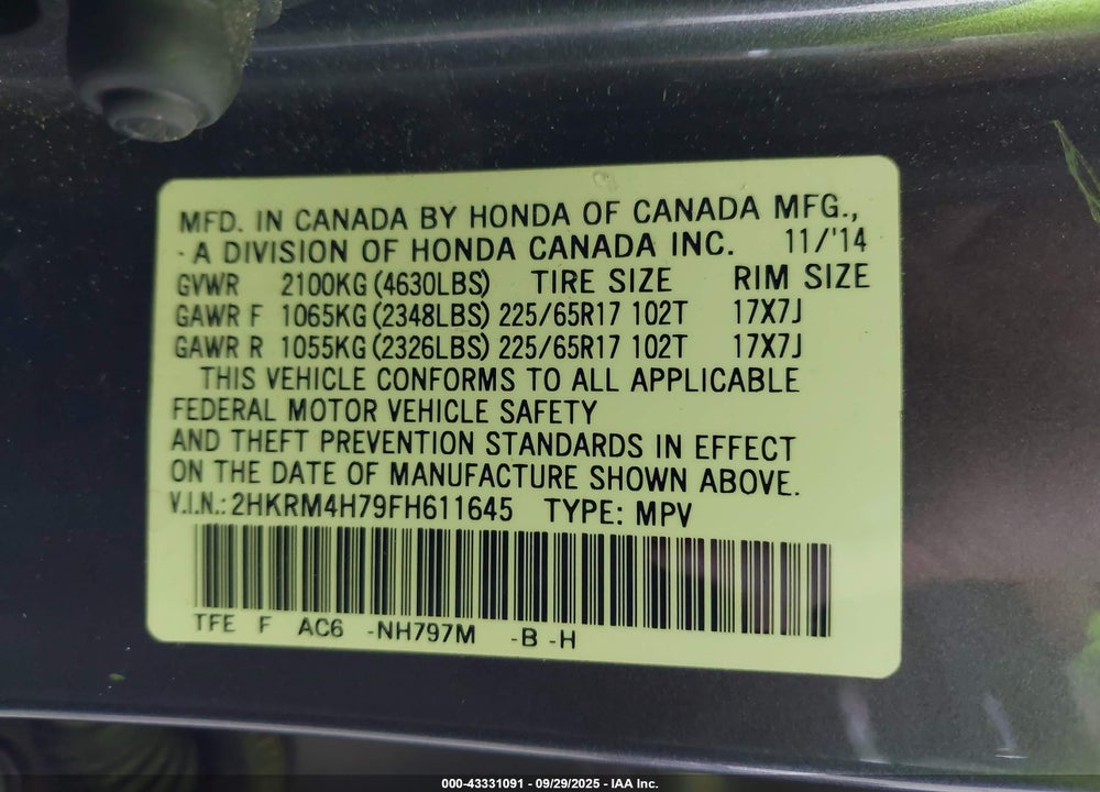 2015 HONDA CR-V EX-L VIN: 2HKRM4H79FH611645