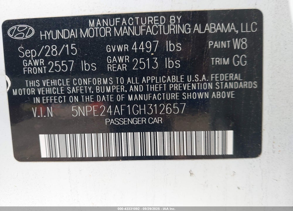2016 HYUNDAI SONATA VIN: 5NPE24AF1GH312657