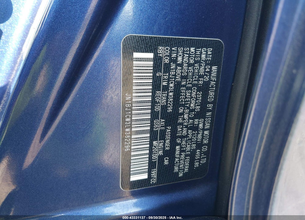 2020 NISSAN ROGUE SPORT S AWD XTRONIC CVT VIN: JN1BJ1CW3LW382296