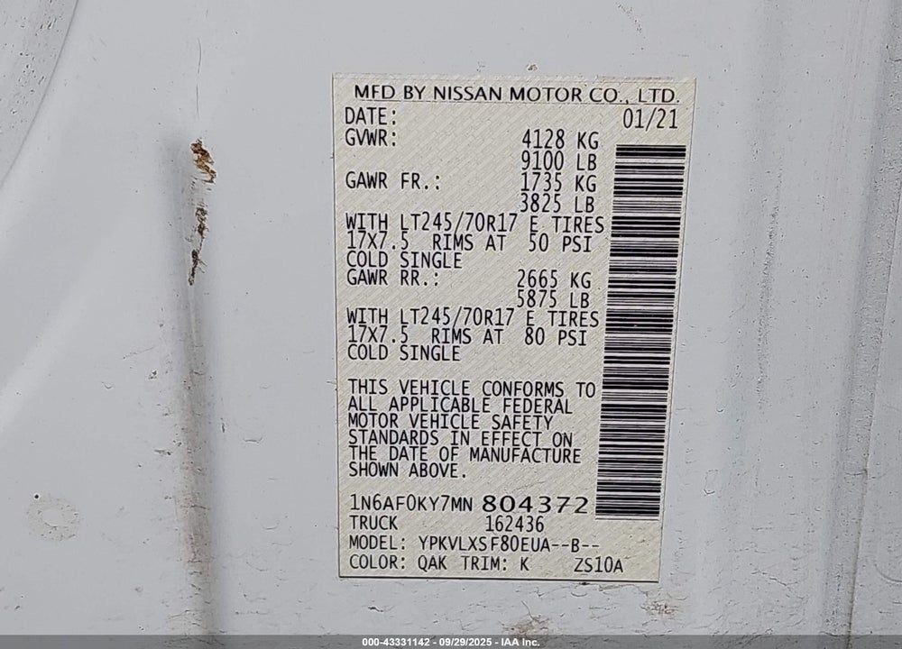 2021 NISSAN NV CARGO NV2500 HD SV STANDARD ROOF V8 VIN: 1N6AF0KY7MN804372