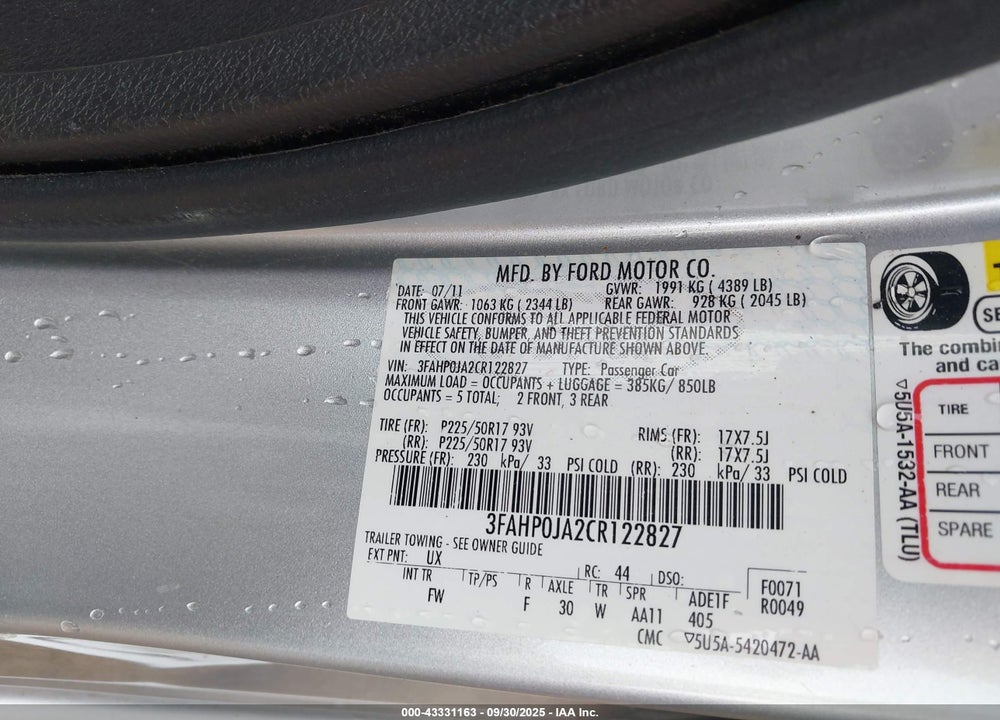 2012 FORD FUSION SEL VIN: 3FAHP0JA2CR122827