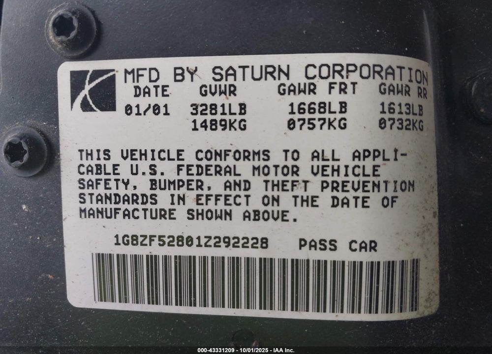 2001 SATURN SL VIN: 1G8ZF52801Z292228