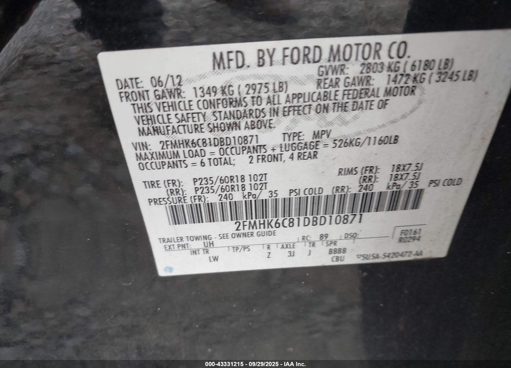 2013 FORD FLEX SEL VIN: 2FMHK6C81DBD10871