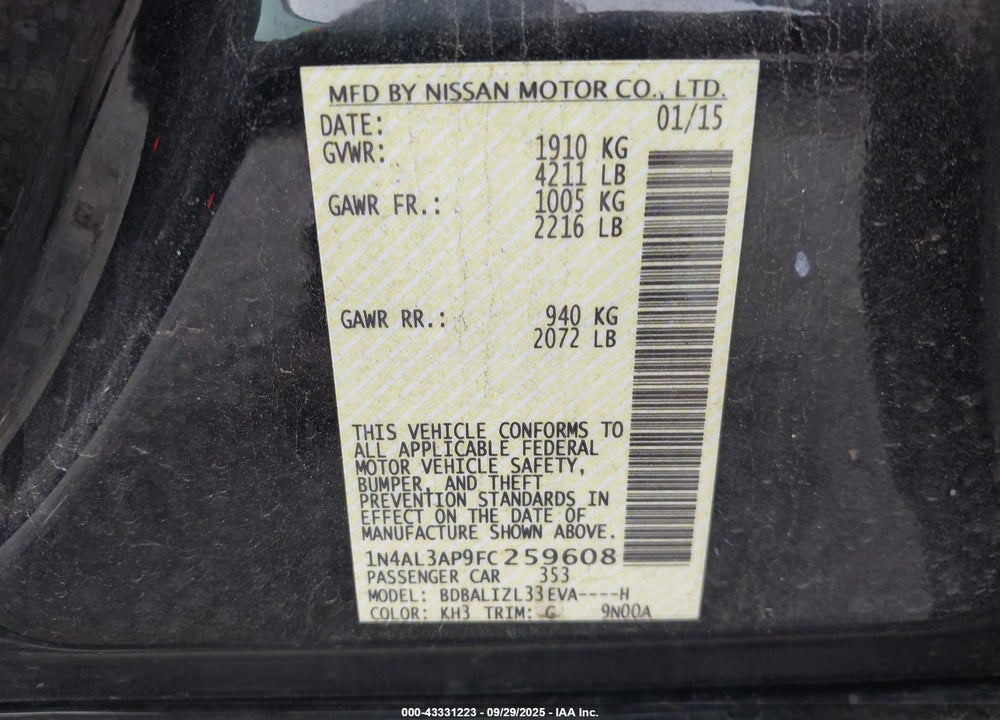 2015 NISSAN ALTIMA VIN: 1N4AL3AP9FC259608