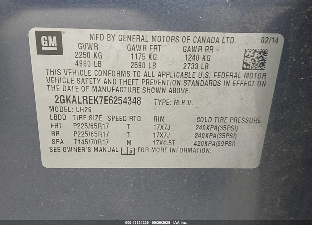 2014 GMC TERRAIN VIN: 2GKALREK7E6254348
