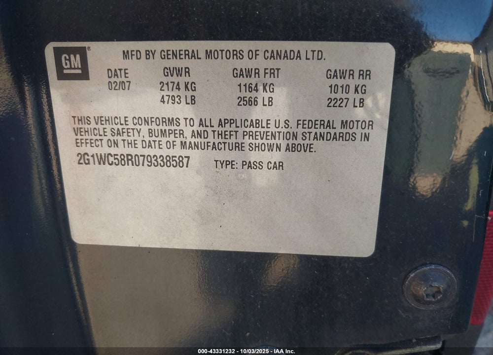 2007 CHEVROLET IMPALA LT VIN: 2G1WC58R079338587