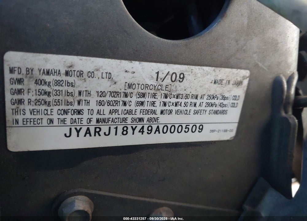 2009 YAMAHA FZ6 R/C VIN: JYARJ18Y49A000509