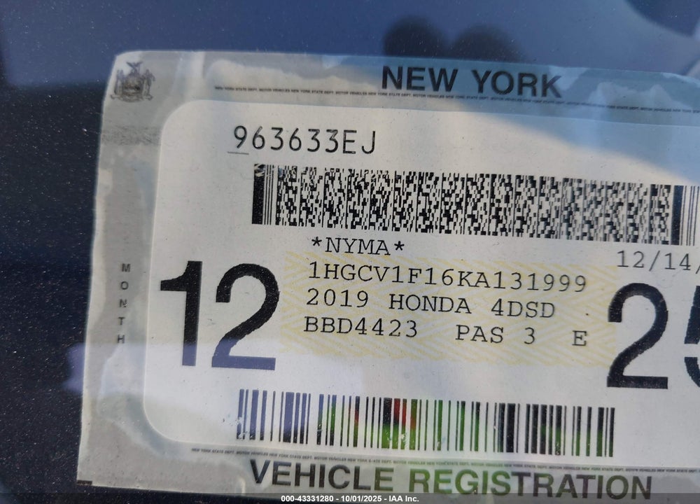 2019 HONDA ACCORD LX VIN: 1HGCV1F16KA131999
