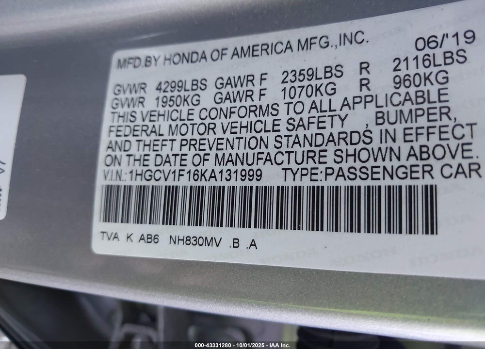 2019 HONDA ACCORD LX VIN: 1HGCV1F16KA131999