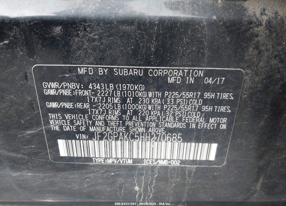 2017 SUBARU CROSSTREK VIN: JF2GPAKC5HH270685