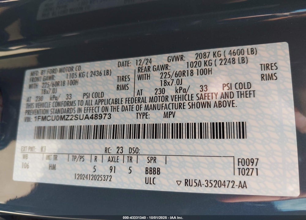 2025 FORD ESCAPE VIN: 1FMCU0MZ2SUA48973