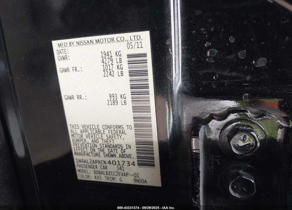 2012 NISSAN ALTIMA 2.5 S VIN: 1N4AL2APXCN401734