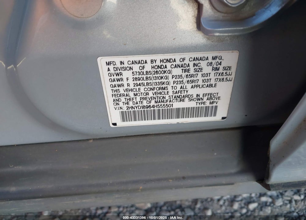 2004 ACURA MDX VIN: 2HNYD18964H555501