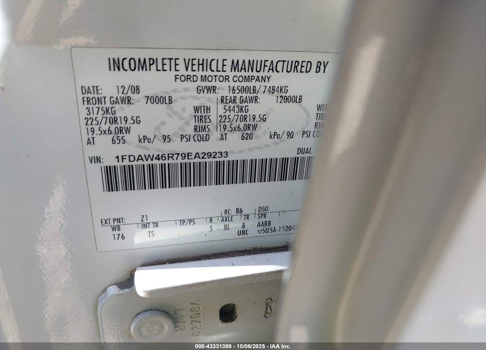 2009 FORD F-450 CHASSIS VIN: 1FDAW46R79EA29233