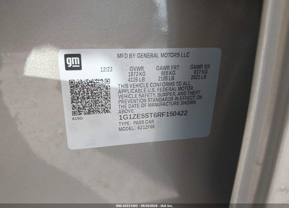 2024 CHEVROLET MALIBU FWD 2LT VIN: 1G1ZE5ST6RF150422