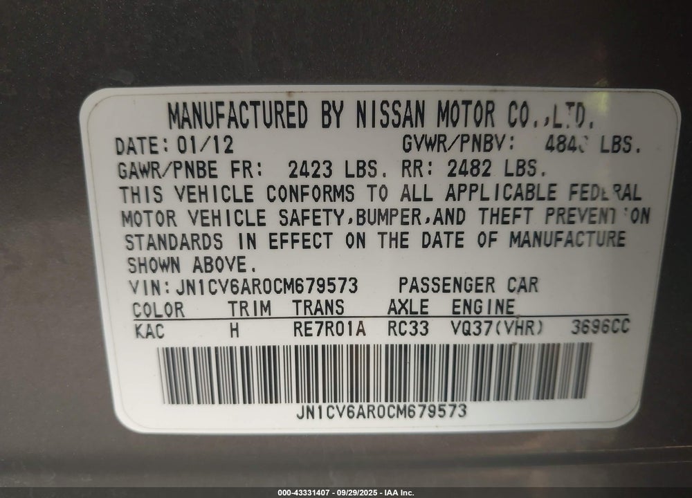 2012 INFINITI G37X VIN: JN1CV6AR0CM679573