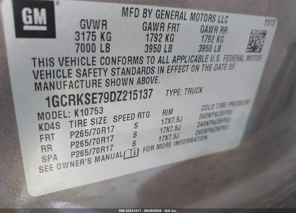 2013 CHEVROLET SILVERADO 1500 VIN: 1GCRKSE79DZ215137