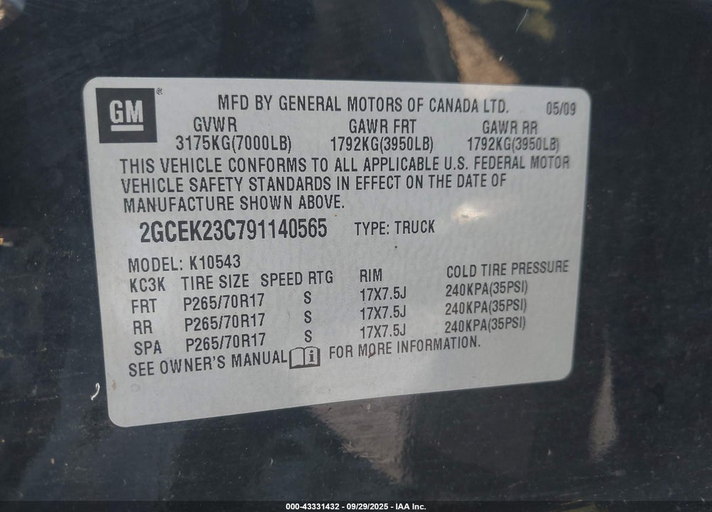 2009 CHEVROLET SILVERADO 1500 VIN: 2GCEK23C791140565