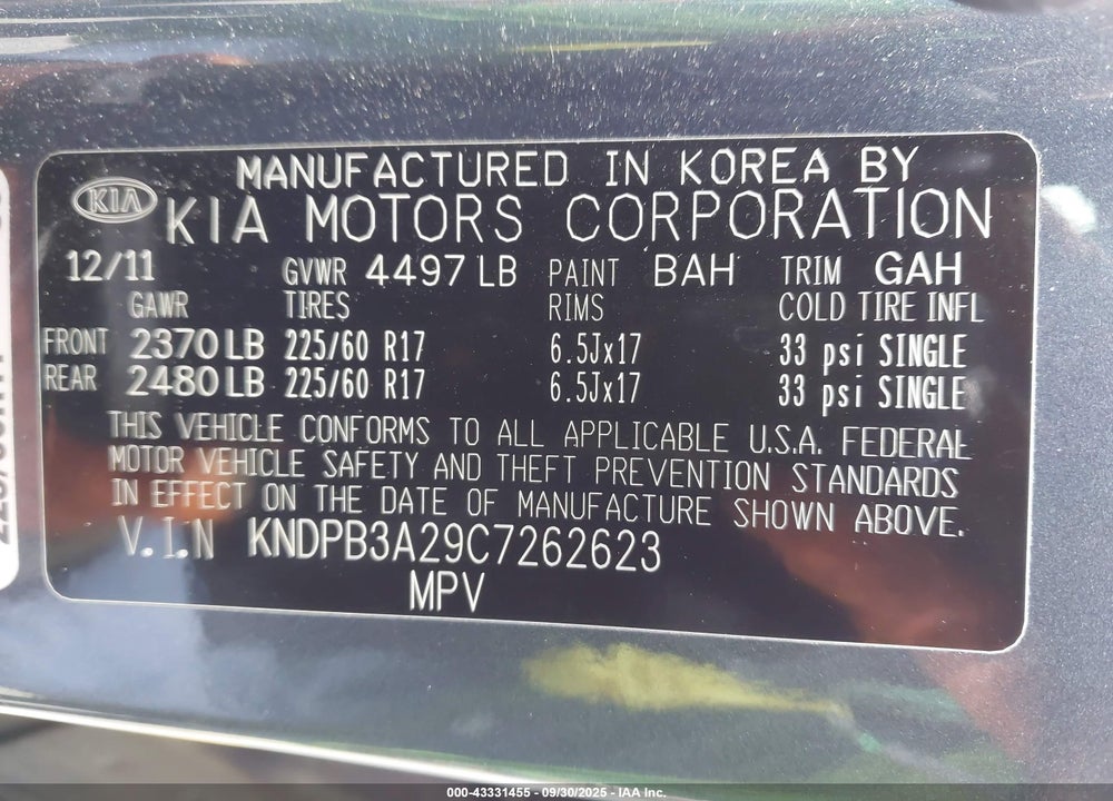 2012 KIA SPORTAGE VIN: KNDPB3A29C7262623
