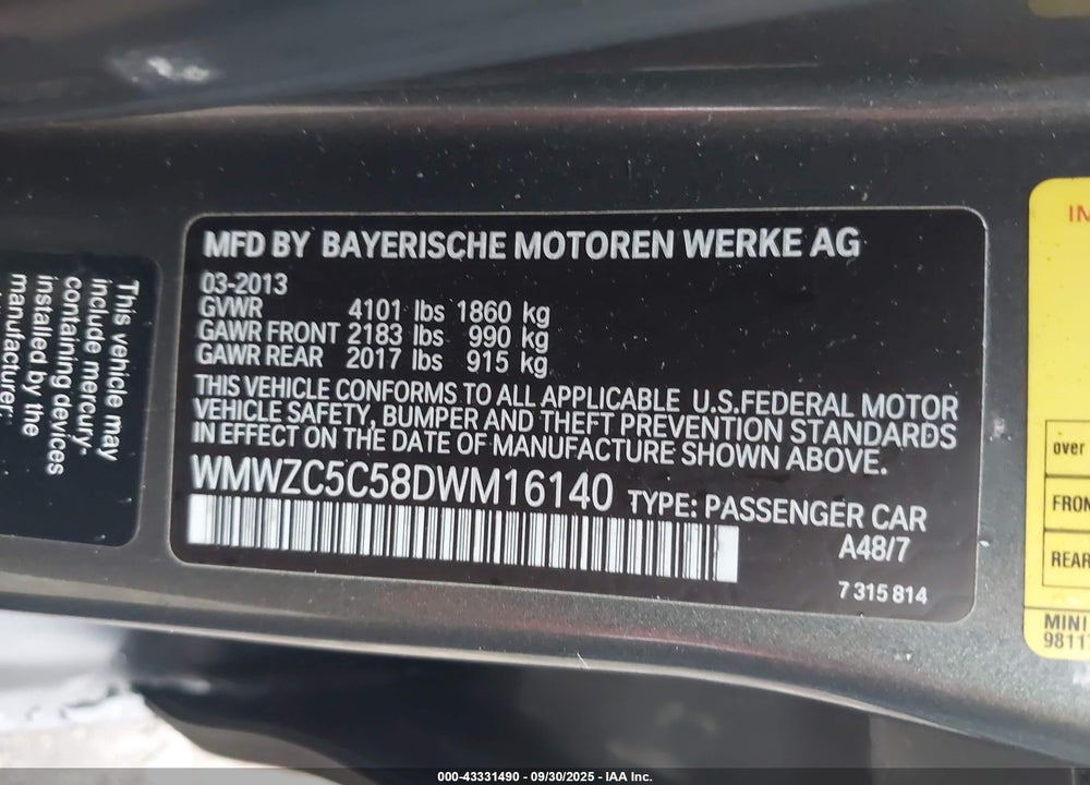 2013 MINI COUNTRYMAN VIN: WMWZC5C58DWM16140
