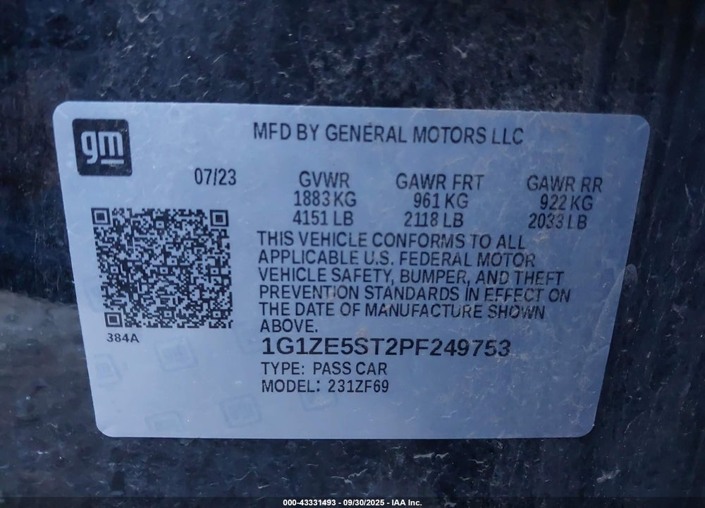 2023 CHEVROLET MALIBU VIN: 1G1ZE5ST2PF249753