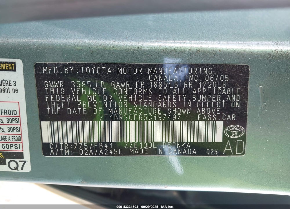 2005 TOYOTA COROLLA LE VIN: 2T1BR30E65C497497