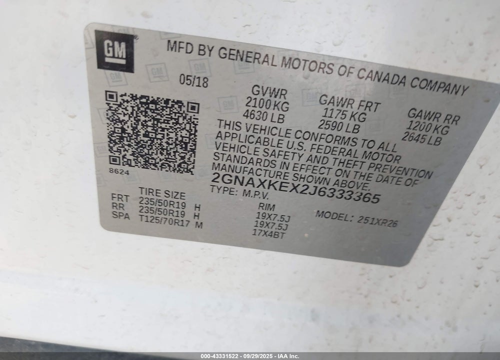 2018 CHEVROLET EQUINOX LT VIN: 2GNAXKEX2J6333365