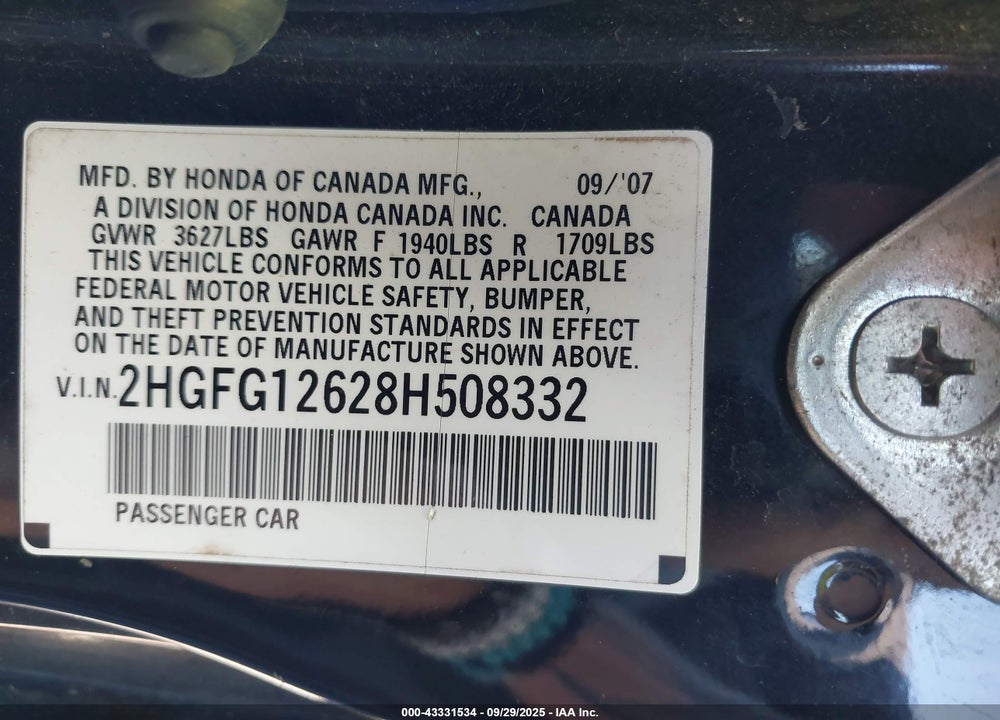 2008 HONDA CIVIC VIN: 2HGFG12628H508332